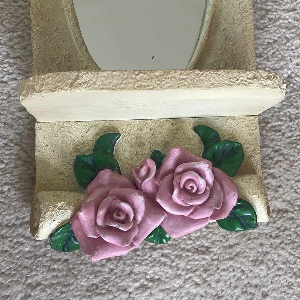 Vintage Victorian Roses Vines Cream Scroll Oval Mirror w/ Ledge Floral Antique